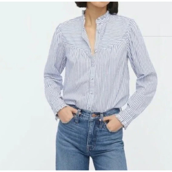 J. Crew Tops - J. Crew Blue White Ruffle-Trim Shirt in Striped Cotton Poplin Shirt Size X-Small